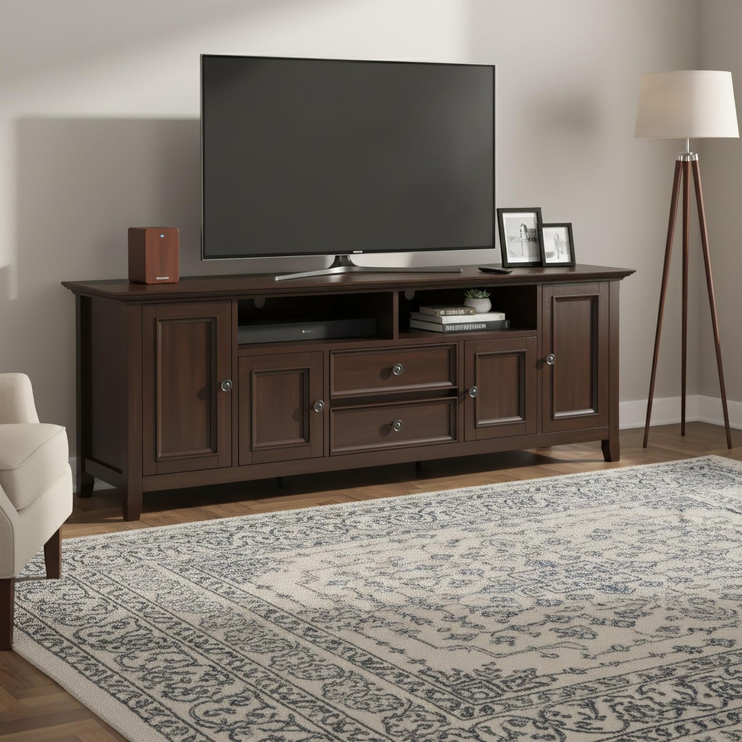 SIMPLIHOME Amherst TV Stand - 72 inch Wide Solid Wood Media Console in Mocha Brown, Transitional Entertainment Center for Living Room for TVs up to 80 Inches with Shelves and Cable Management