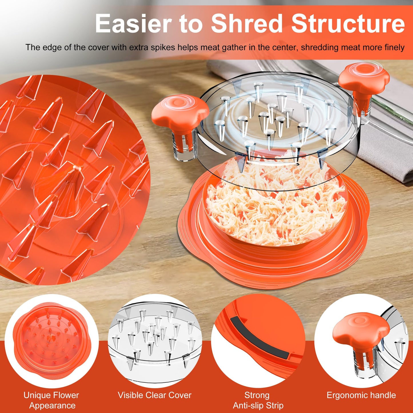 SURETIVIAN Chicken Shredder Tool Twist Large Chicken Breast Shredder with Brush&Fork, Visible Meat Shredder Machine, Anti-Slip Strip, Ergonomic Handle, BPA Free, Suitable for Pork Beef Chicken(Orange)