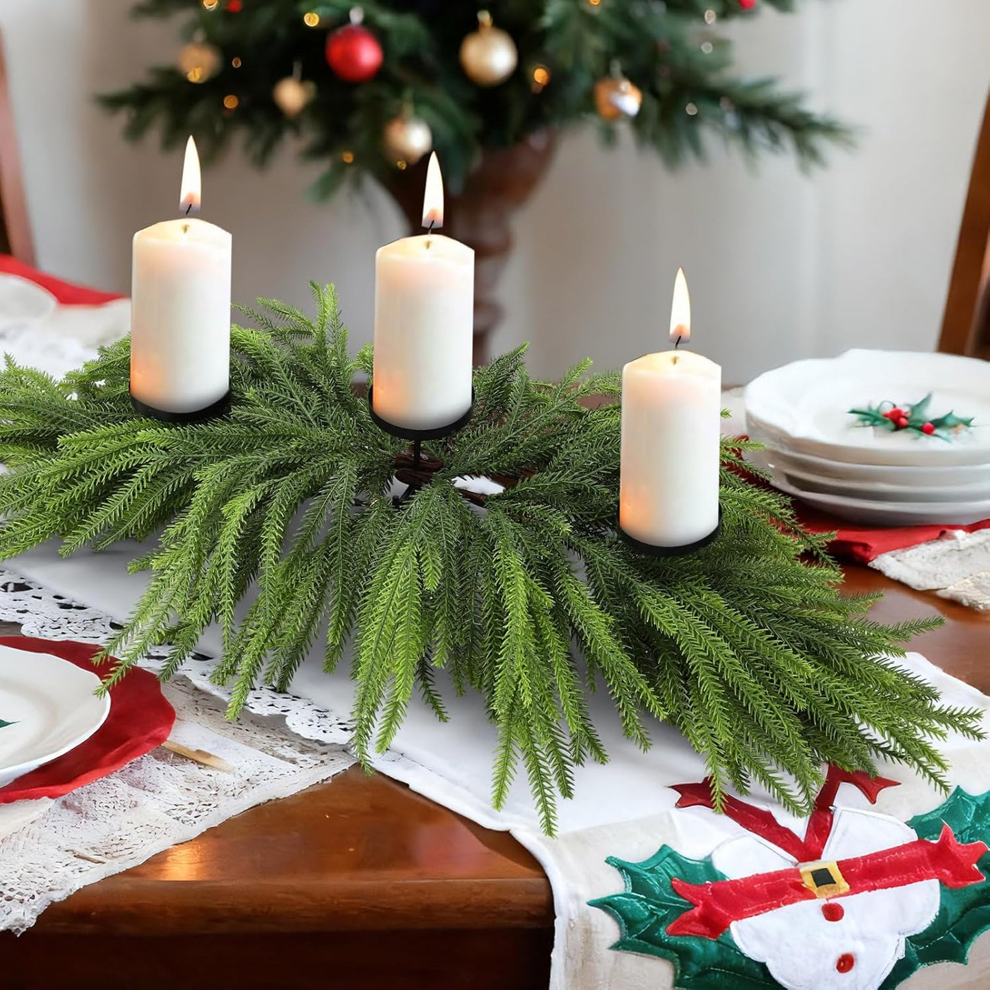 Norfolk Christmas Table Centerpiece - 3 Candle Holders | Pine Needle Holiday Decor for Dining Table