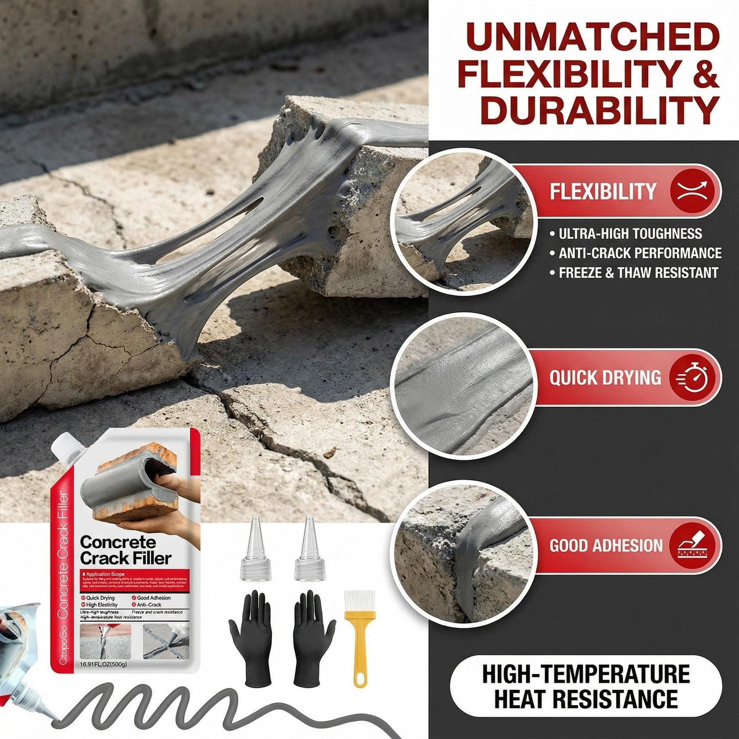 Concrete Crack Filler 2-Pack 2.2LB Grey, Self-Leveling High Elasticity Cement Sealant, Waterproof Repair Caulk for Driveway, Patio, Sidewalk, Garage, Basement– Professional-Grade Durability