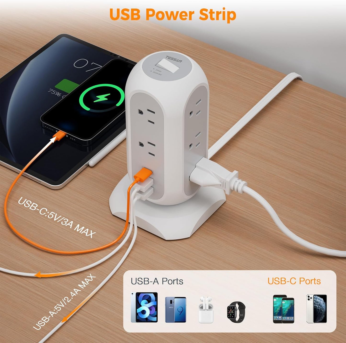 TESSAN 11 3 (1 1625W/13A,1050J 6 Tower Power Strip Flat Plug with Outlets USB USB C), Surge Protector Tower Protection