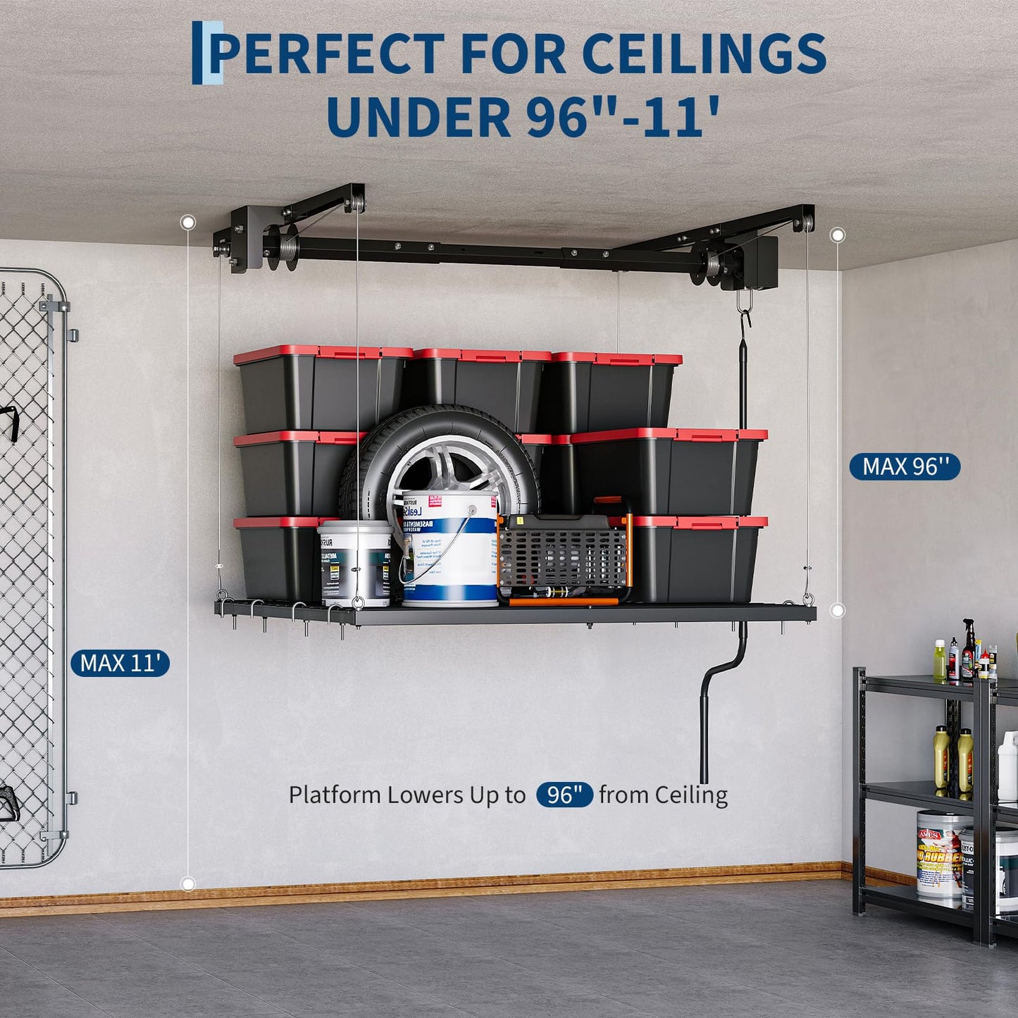 GarveeTech Overhead Garage Storage Rack, Heavy Duty Adjustable 4x4 ft Ceiling Mounted Storage Racks, 350 Lb Capacity Overhead Garage Storage Rack with Manual Safety Lock for Garage Ceiling Storage