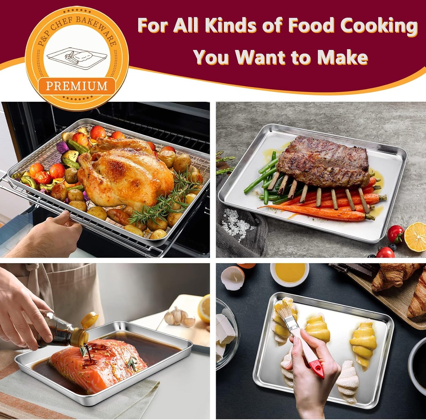 P&P CHEF Baking Sheet Set - Stainless Steel Cookie Sheets with Cooling Racks | 16", 12.5", 9" Sizes