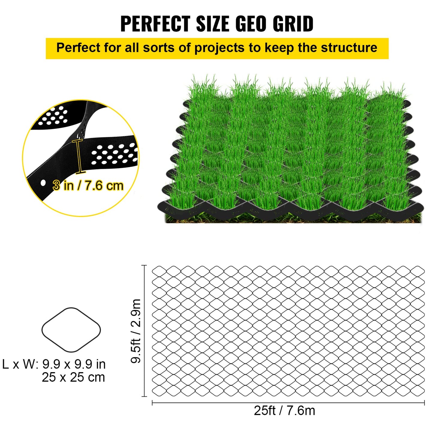 VEVOR Ground Grid 25 ft x 9.5 ft, 1885 lbs per Sq Ft Load Geo Grid, 3" Depth Permeable Stabilization System for DIY Patio, Walkway, Shed Base, Light Vehicle Driveway, Parking Lot, Grass, and Gravel