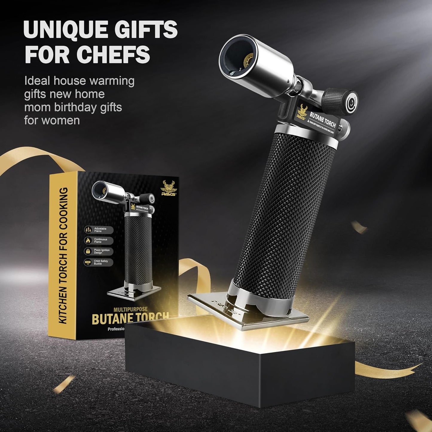RAVS Butane Torch Lighter - Premium Metal Kitchen Torch with Adjustable Flame & Safety Buckle | Black