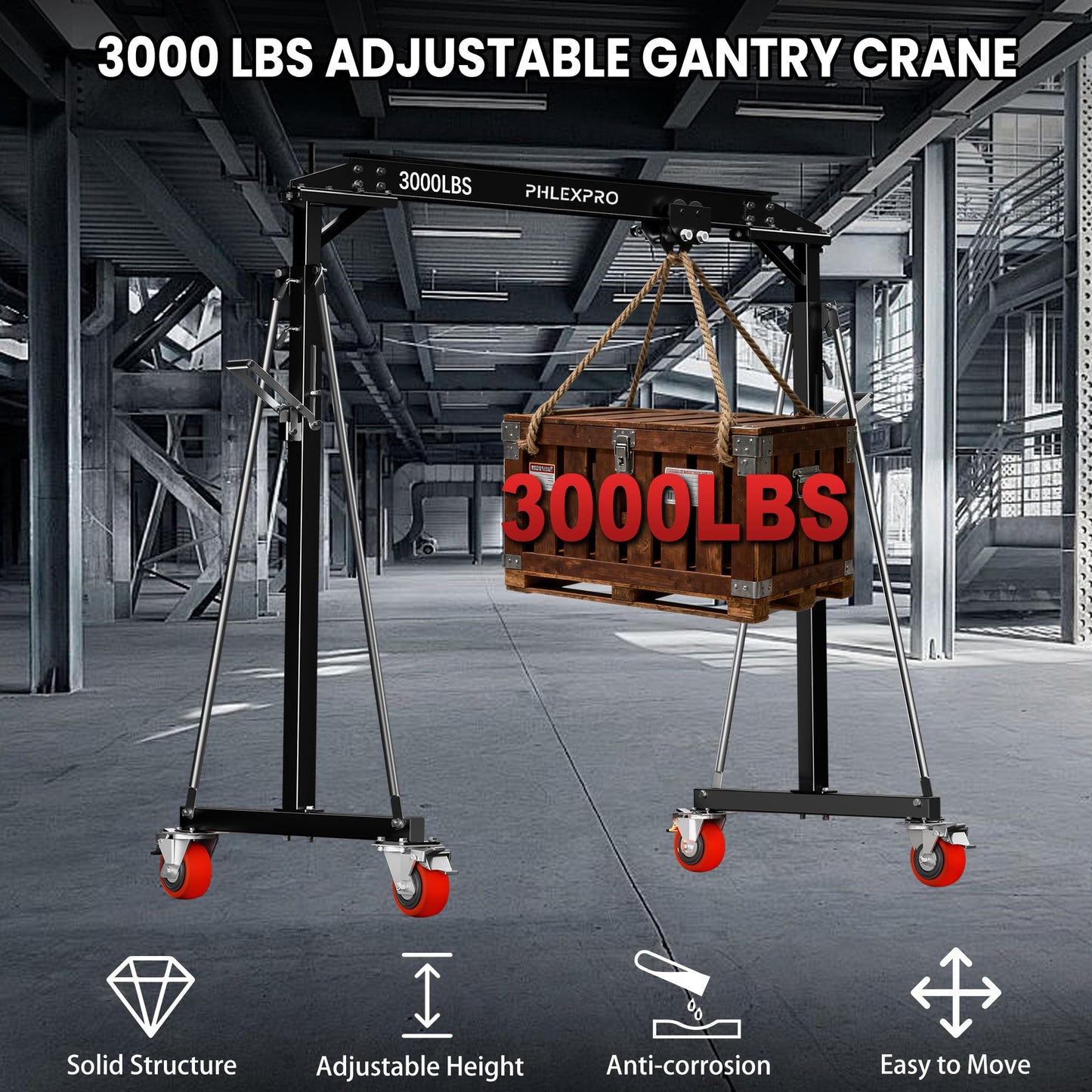 1 Ton Gantry Crane - MAX3000Lbs Portable Hoist Frame with Steel I-Beam Construction, Adjustable Height 8.57-12.50ft, Lifting Gantry for Factories, Garage, Auto Repair, Construction Site, Black