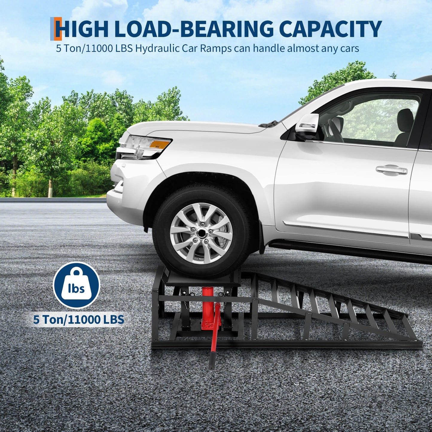 2 Pcs Hydraulic Car Ramps, 5 Ton (11,065 LBS) Heavy Duty Steel Car Lift Ramps with Hydraulic Jack for Oil Changes & Truck Repair, 9.4"-13.34" High Lift, Home Garage Vehicle Ramps