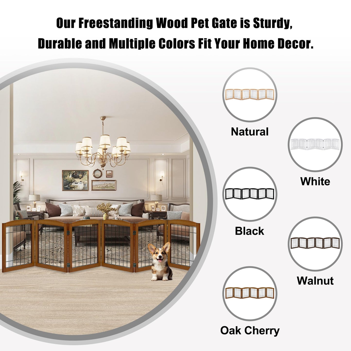 LZRS 6-Panel Extra Wide Wooden Freestanding Dog Gate: Foldable Solid Wood and Steel Wire Chew Resistant Safety Barrier for Doorways, Stairs, and Open Long Spaces Indoor Use, Cherry