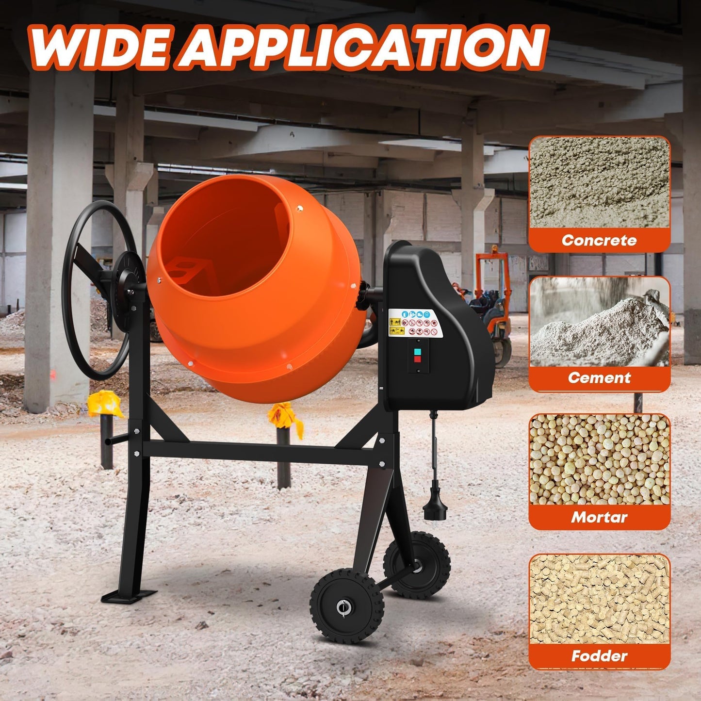 SILVEL Concrete Mixer Machine 5.3 Cu.Ft. – Rated 550W (Max 750W 1HP) Heavy Duty Portable Industrial Cement Mixing Machine with Wheel & Stand for Stucco, Mortar, Seeds, Amber