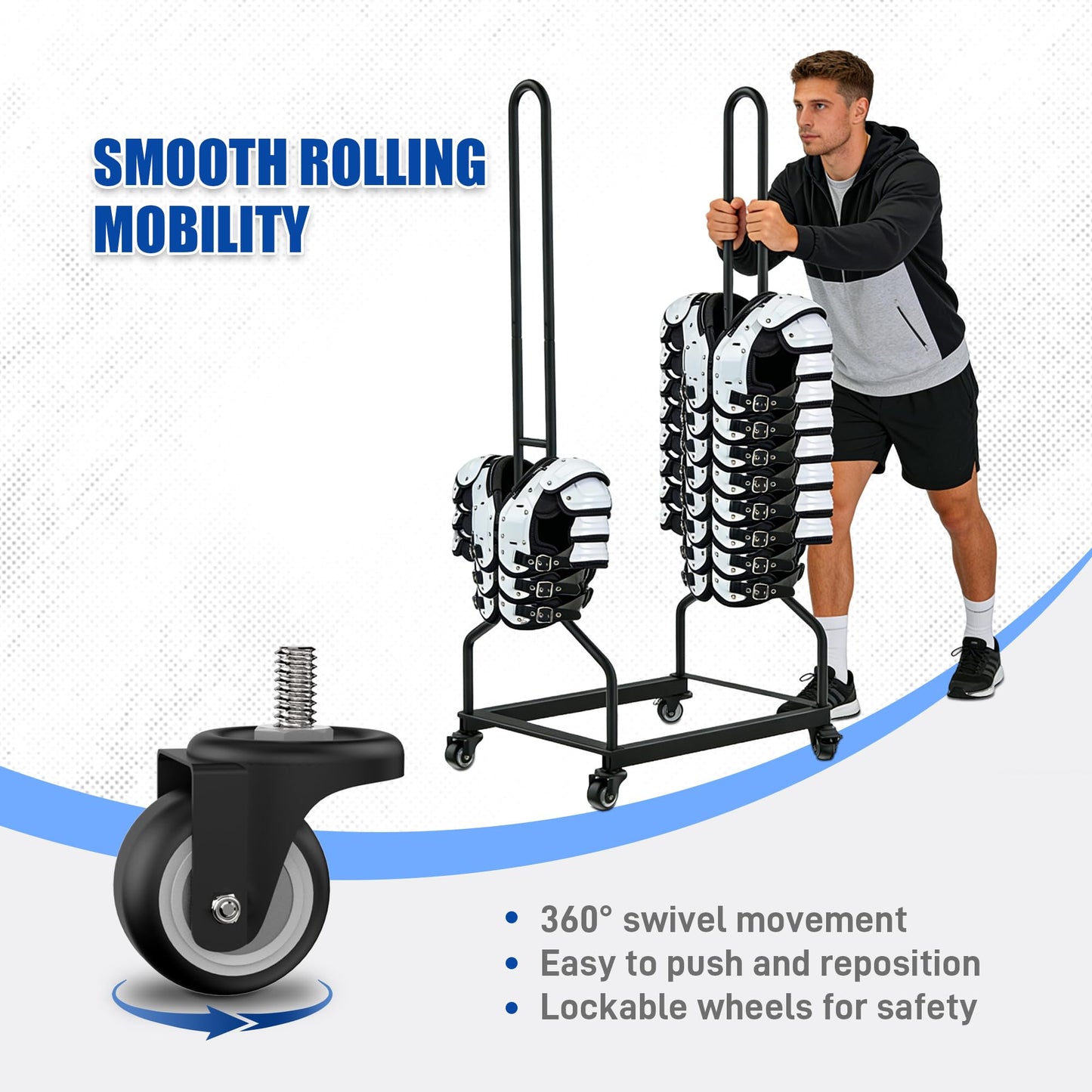 Football Shoulder Pad Rack with Lockable Wheels, Heavy Duty Steel Football Shoulder Pad Organizer, Large Capacity Sports Equipment Storage Rack for Locker Room, Team Equipment and Training Facilities