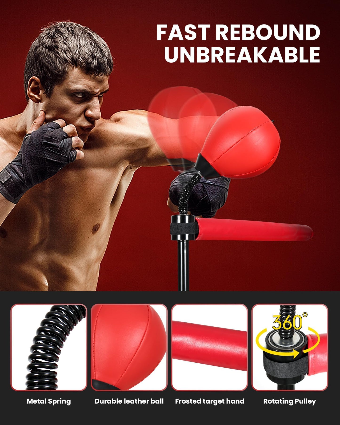 Reflex Ball & 360°Rotating Rod Boxing Bar Training Kit - Punching Bag Spinning Bar, Free Standing Design Adjustable Height for Adults（Red