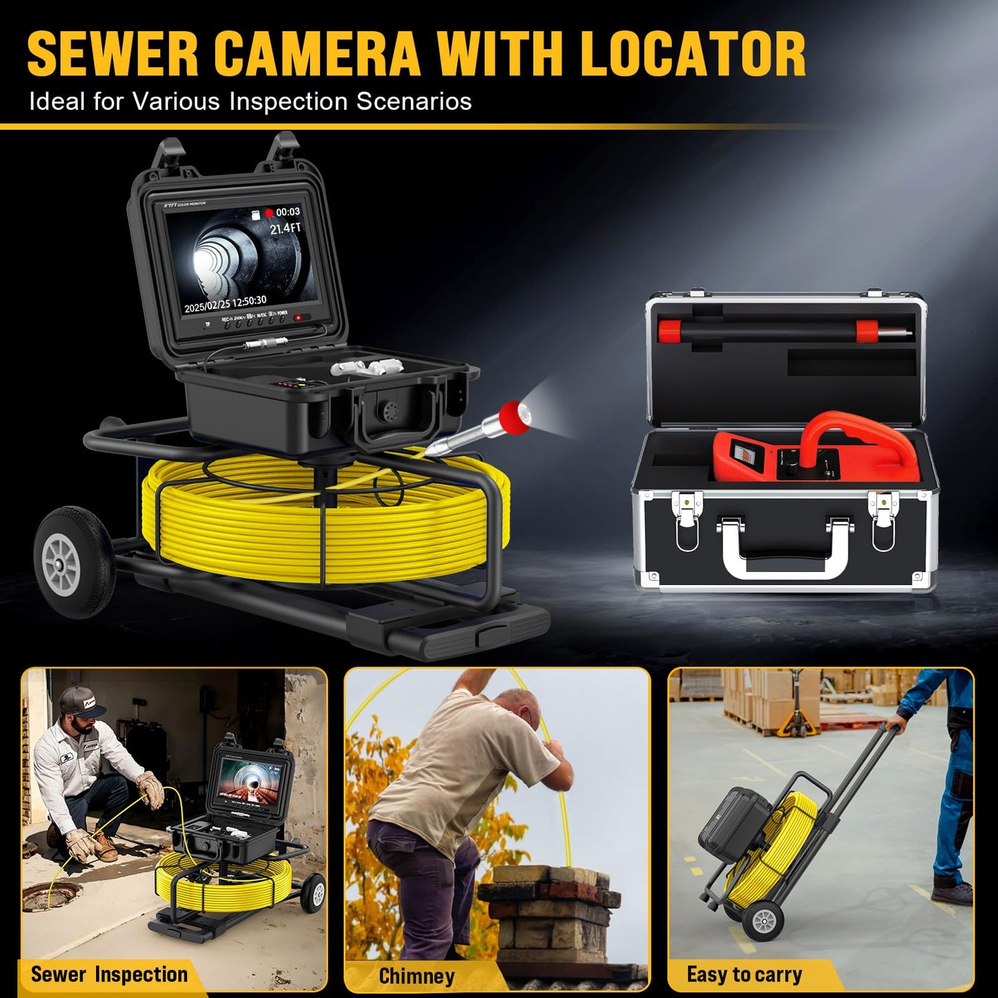 Anysun Sewer Camera with Locator 300ft, Self Leveling Sewer Inspection Camera with Distance Counter, 7MM Diameter Cable with Trolley and Wheels, 9" HD Monitor with DVR Drain Pipe Camera(32GB Card)