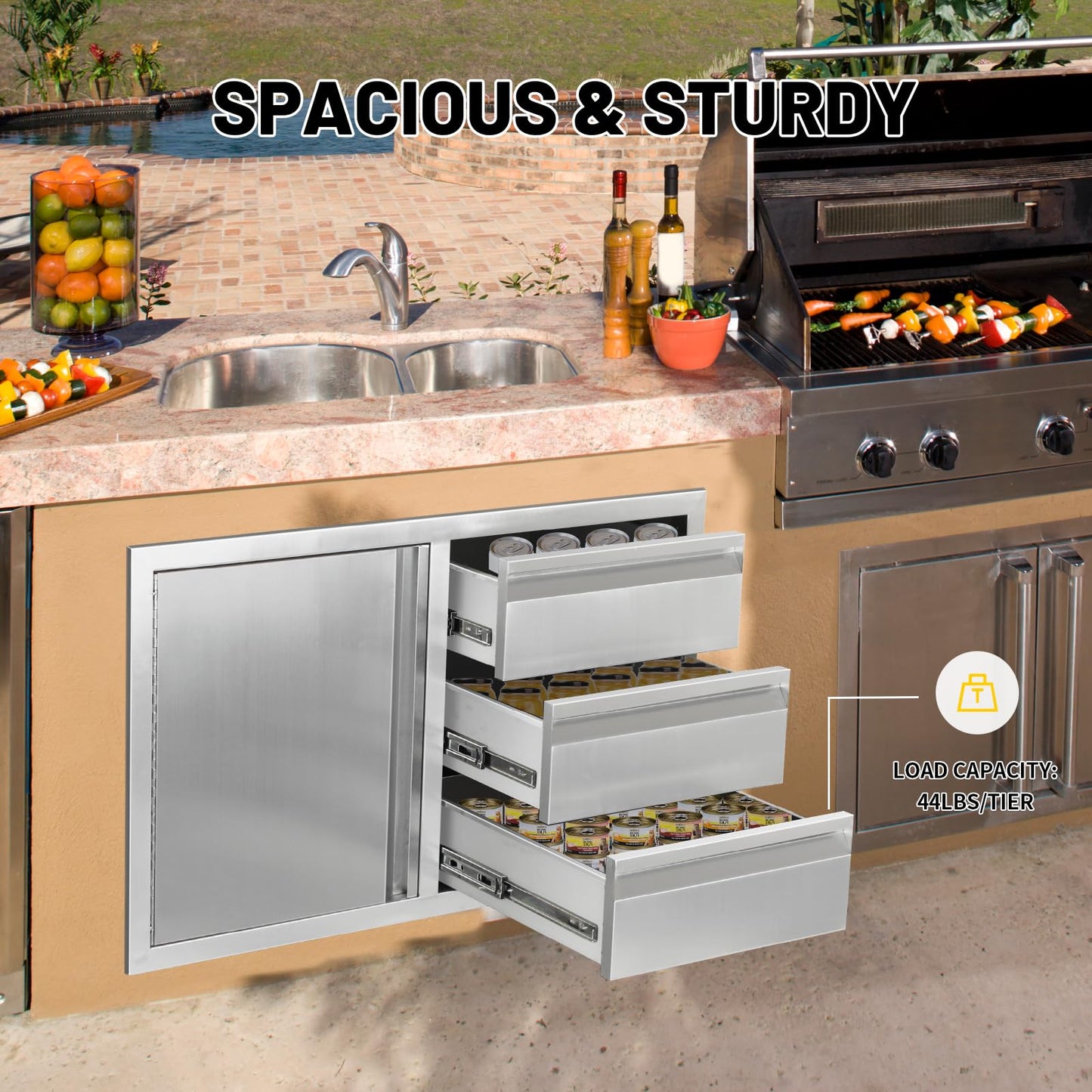 SGOLAN Outdoor Kitchen Door Drawer Combo Cabinet 38.1W x 22.6H x 20.8D BBQ Access Door&Triple Drawers Combo, Stainless Steel Handles for Outdoor Kitchen Island