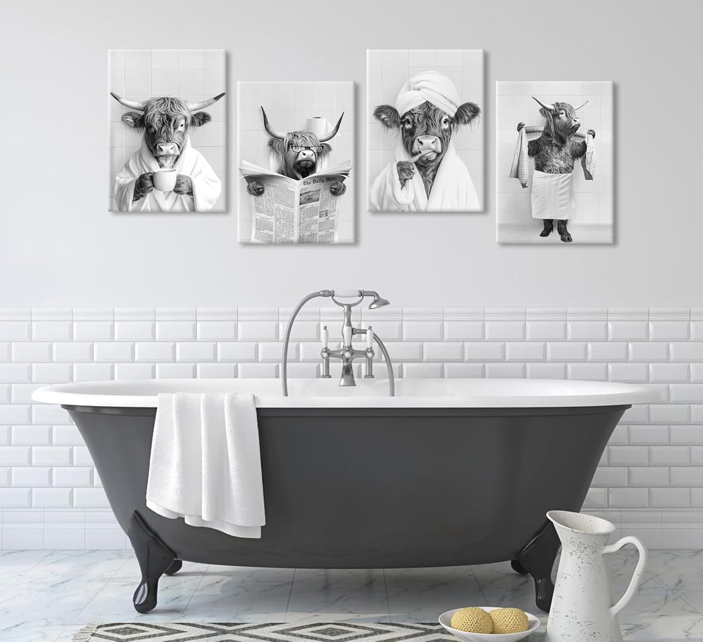 Skiennix Funny Highland Cow Bathroom Wall Art - Rustic Farmhouse Prints Set of 4 | Black & White Decor