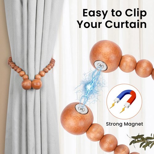 KLOGTSIND Magnetic Curtain Tiebacks, Curtain Tie Backs for Curtains 2 Pack, Wood Bead Curtain Tiebacks, Curtain Holders for Boho Bedroom Decor, Baby Nursery Decor, Farmhouse Decor