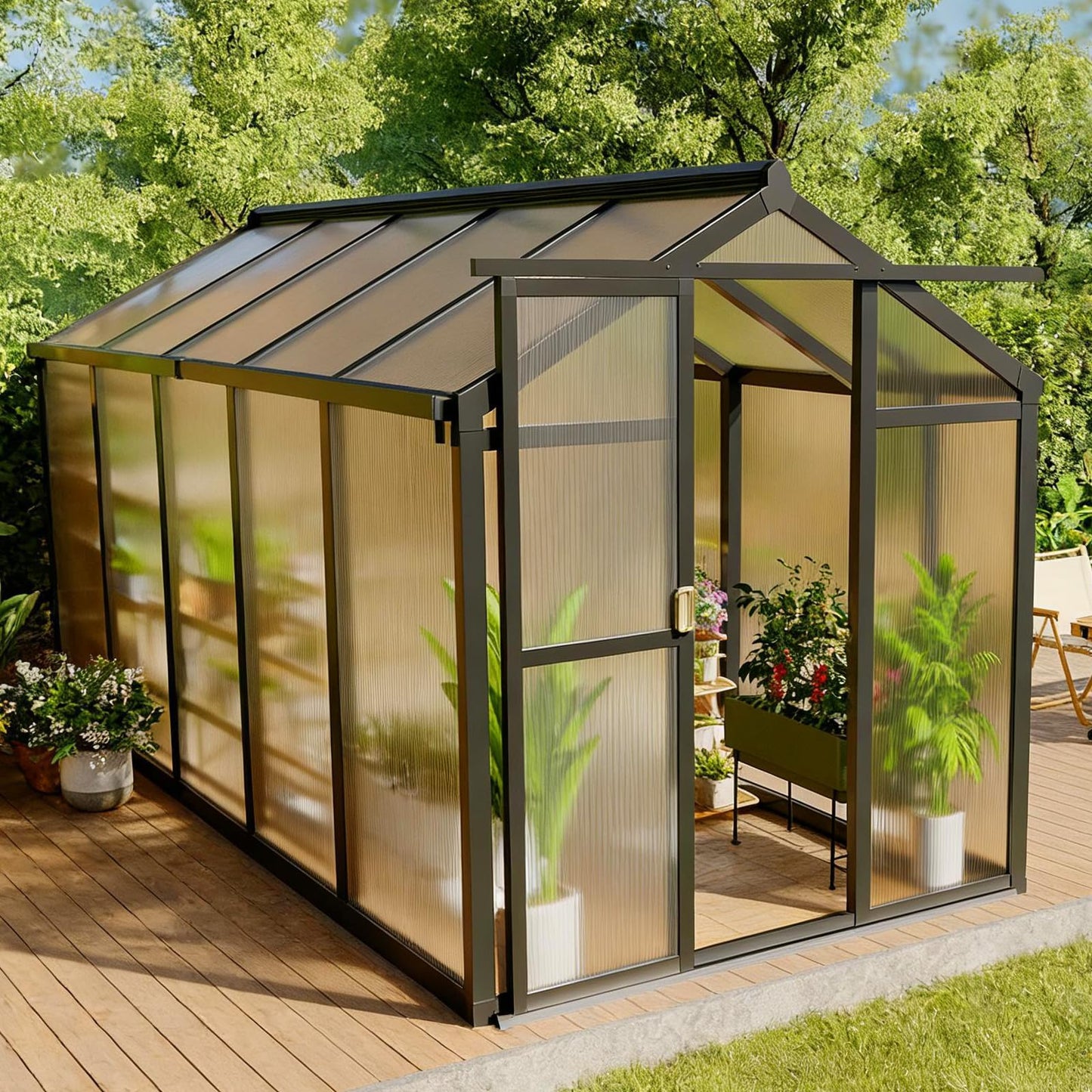 6x10 ft Outdoor Polycarbonate Greenhouse, Durable Aluminum Frame with Lockable Door, Adjustable Roof Vent, Ideal for Backyard, Patio, or Garden, All-Weather Green Houses for Outside Plant Growing