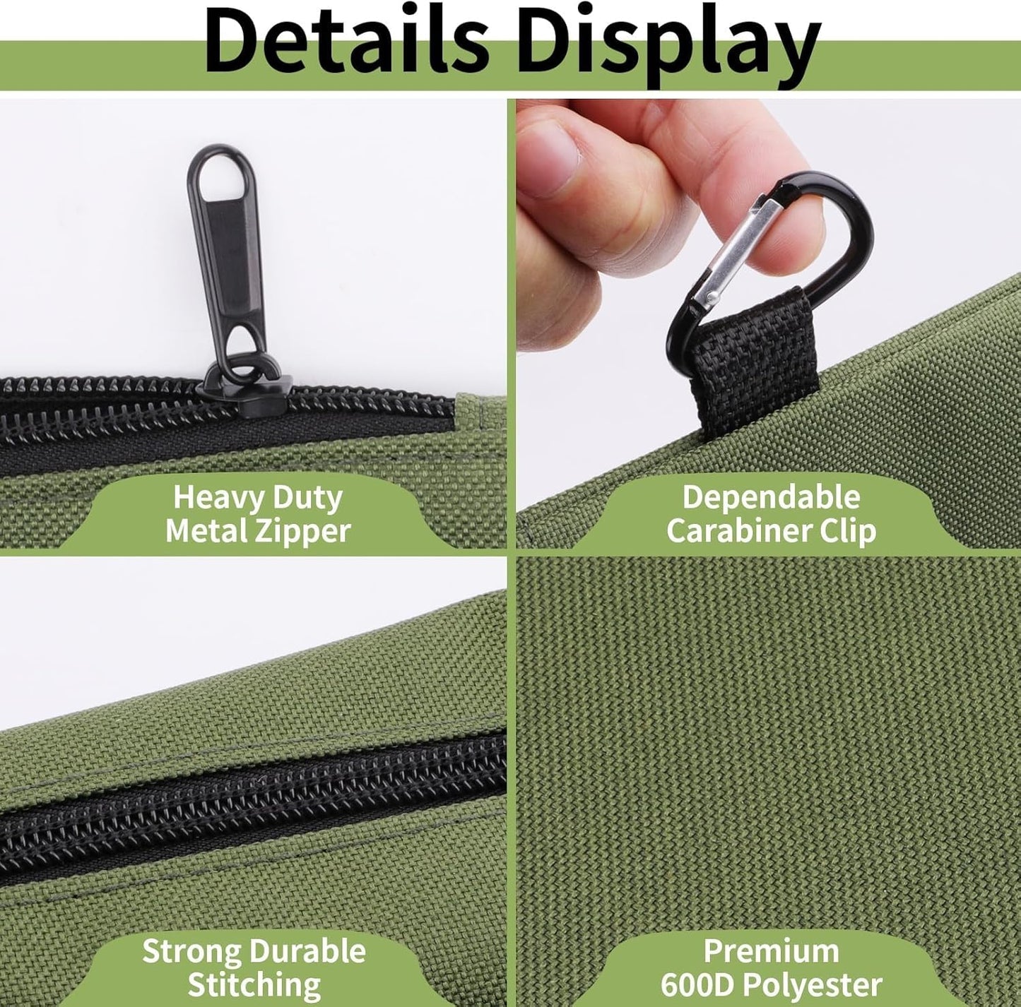 3 Pack Premium Tool Pouches Zipper Bag, 12 in Small Tools Bags with Carabiner, Heavy Duty Flat Bottom Utility Multipurpose Storage Organizer Bag for Tool, Stationary, Pencil (Tan, Navy Green, Black)