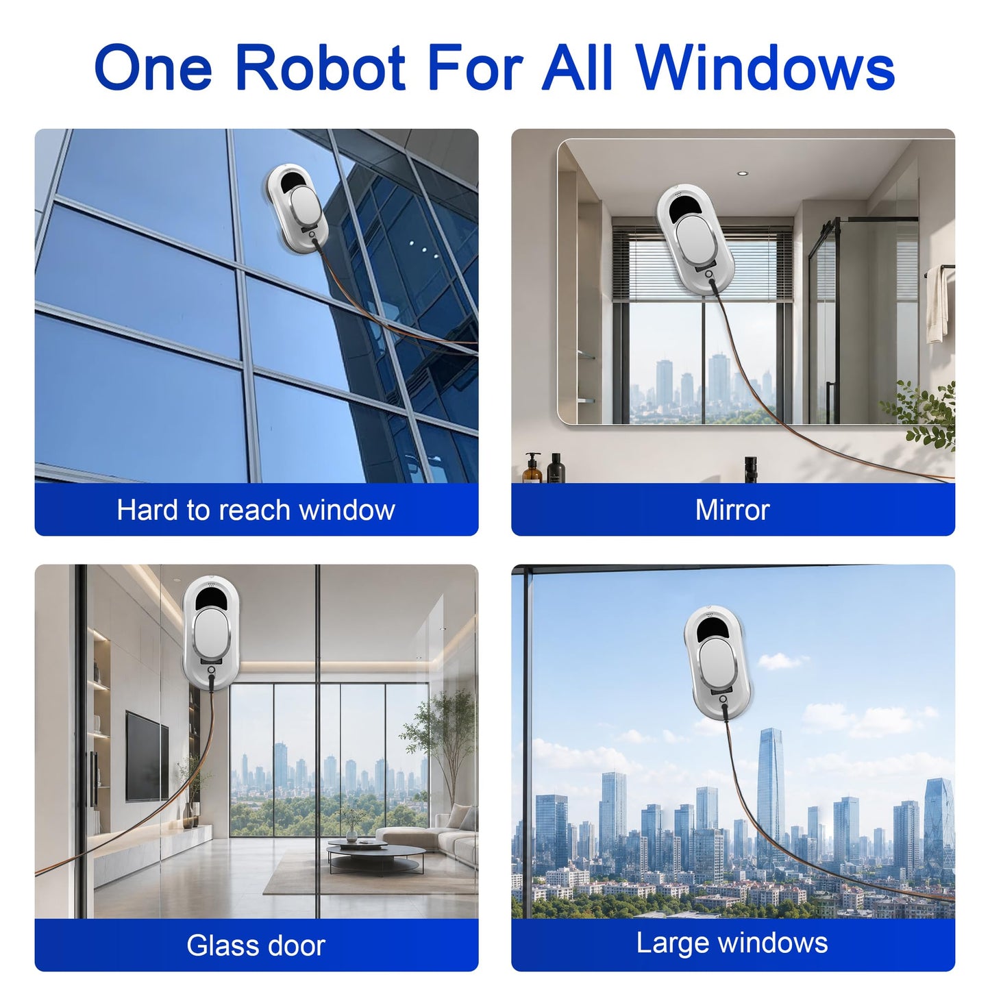 EAEGE Automatic Window Cleaning Robot, Smart Robot Window Cleaner Inside/Outside, 3000Pa Suction, Intelligent Path Planning, Remote Control for high Glass, Shower, Mirror with 10 Rags(White)