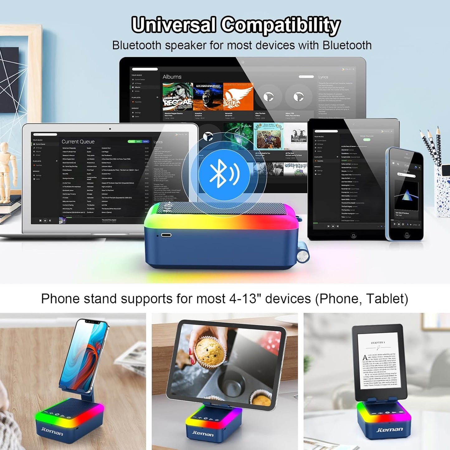 JTEMAN Gifts for Men Women Cell Phone Stand with Bluetooth Speaker and Light, Portable Lanyard, Cool Tech Gifts for Dad