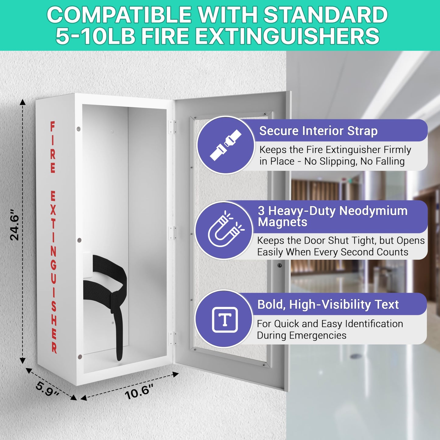 Averian White Fire Extinguisher Cabinet – Heavy-Duty Steel Wall Mount Box with Magnetic Door | Fits 5–10 lb Fire Extinguishers | Complete Fire Box Kit Inside The Package (24.6" H x 10.6" W x 5.9" D)