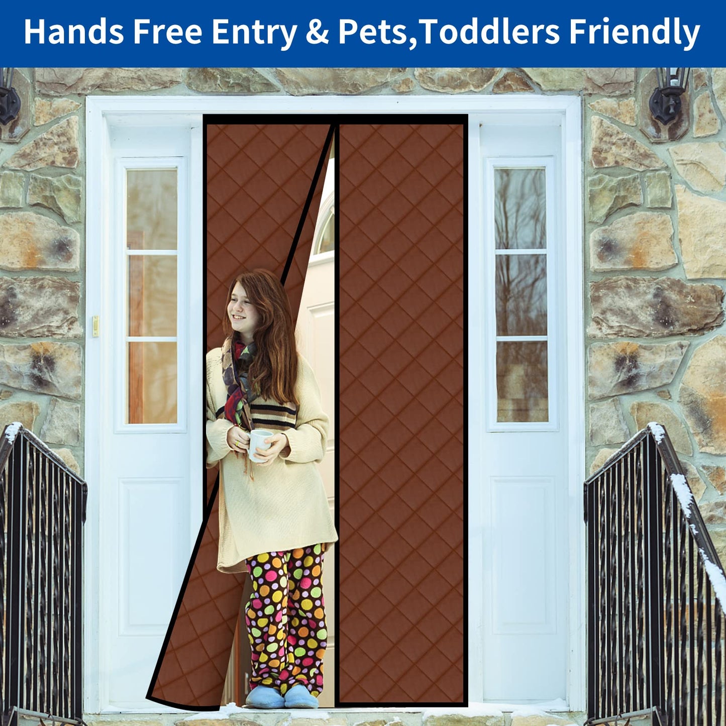 Magnetic Thermal Insulated Door Curtain Thickened, PU Material Hands Free Automatic Closing Durable Windproof Waterproof Door Screen, Fits Door Size up to 34'' x 80'', Brown