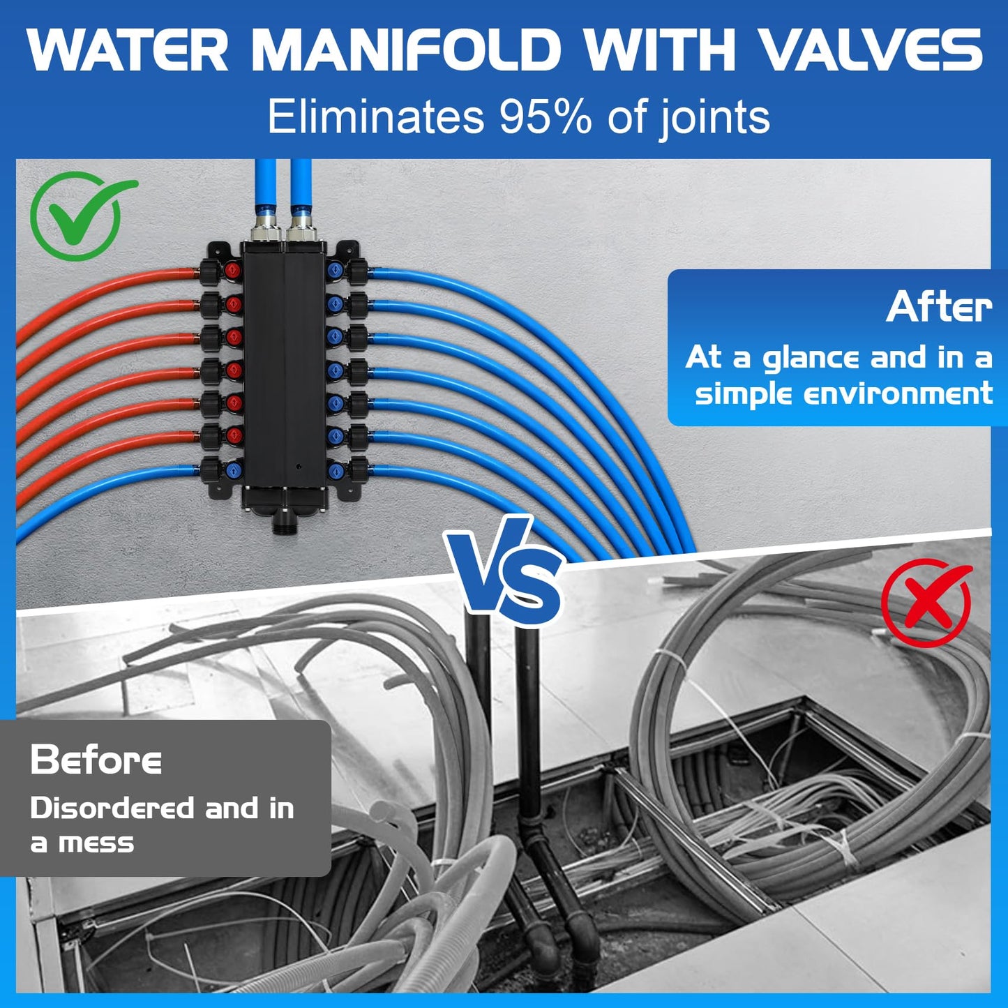 50243 Pex Manifold Compatible with Viega Manabloc, Homerun Distribution Pex Manifold with Valves, 1/2-Inch Zero Lead Poly Alloy PEX Crimp With 24 Ports Adapters(15 Cold, 9 Hot),Suitable for crimping.