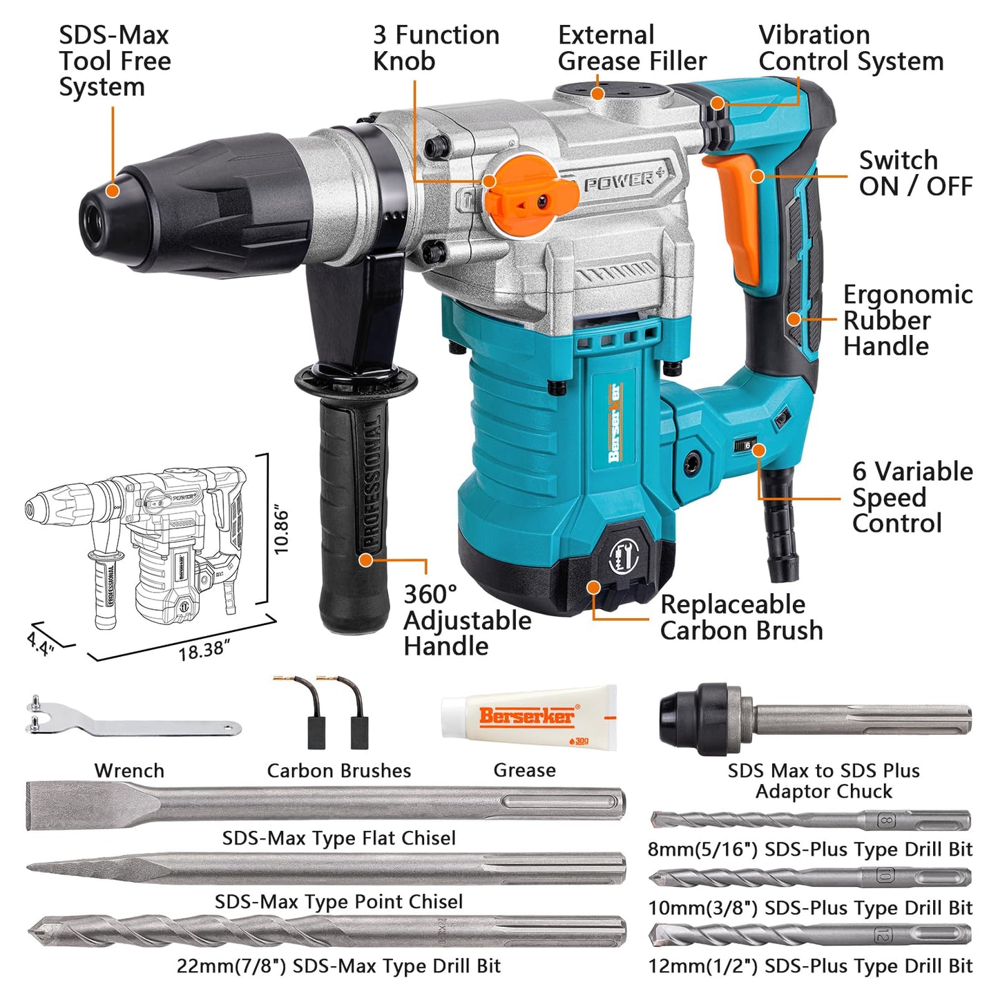 Berserker 1-9/16" SDS-Max Heavy Duty Rotary Hammer Drill with SDS Max Clay Spade, 4-1/2" x 18-1/2" Steel Shovel Bit