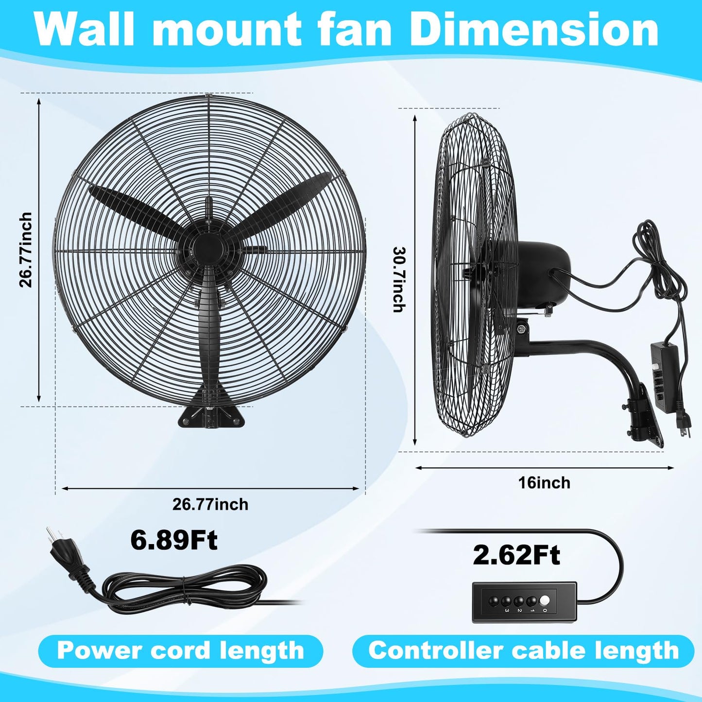 Aurelema 1 Set 27 Inch Industrial Wall Mount Fan Oscillating Heavy Duty Metal 3 Speed Fan, 7500 CFM, with High Velocity Cooling, for Commercial Residential Garage Warehouse Workshops Factory