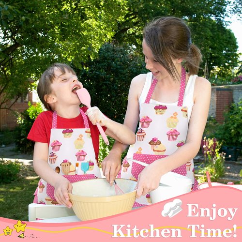 HKKDKTA Kids Aprons for Cooking,Kids Chef Hat and Apron with Large Pocket for Baking Cupcake kids Apron for 6-12 Years