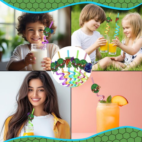 24PCS Green Turtles Birthday Party Plastic Straws for Teenage Cartoon Turtle Party Favors, Reusable Crazy Straws with 6 Style Patterns for Kids Party Supplies with 2 Brushes