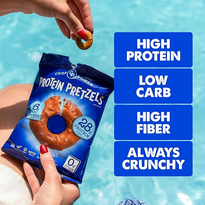Crisp Power Protein Pretzels, Sea Salt, High Protein Vegan Keto Snack, 28 G Plant Based Protein, Low Carb Crunchy Pretzel Snacks, Sugar Free, No Seed Oils, 1.75 oz Bags, 6 Pack