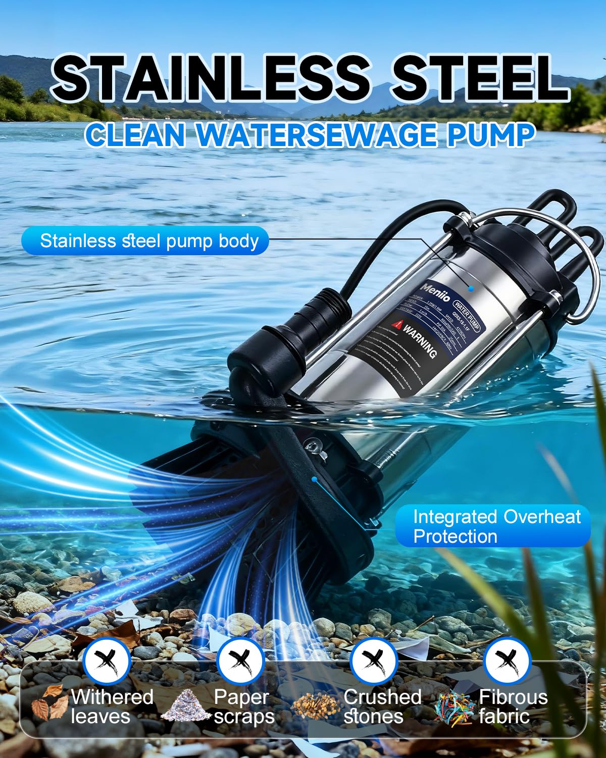 Meniio 1.5HP Submersible Sump & Utility Pump, Stainless Steel Water Pump with Float Switch, High Flow 4370 GPH, 49 ft Max Head, for Basement Drainage, Irrigation, Pool, Garden Pond
