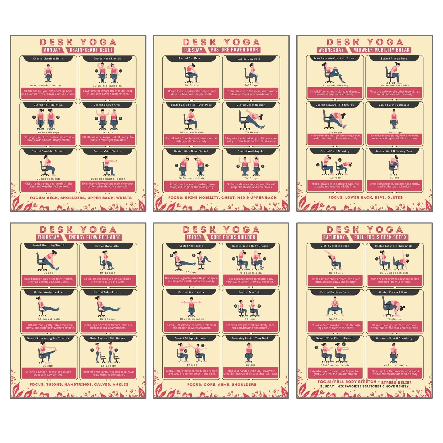 Auroscent Desk Yoga 7-Day Seated Stretching Routine – Chair Yoga Workout Charts, Office Exercise Program for Neck, Shoulders & Back, Daily Mobility & Stretch Guide for Home or Work