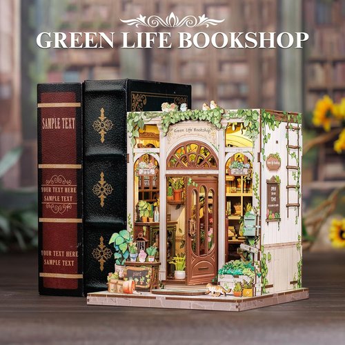 Fsolis Book Nook Kit - 3D Wooden Puzzle for Adults | 196 Pcs DIY Miniature House - Green Life's Bookshop Design