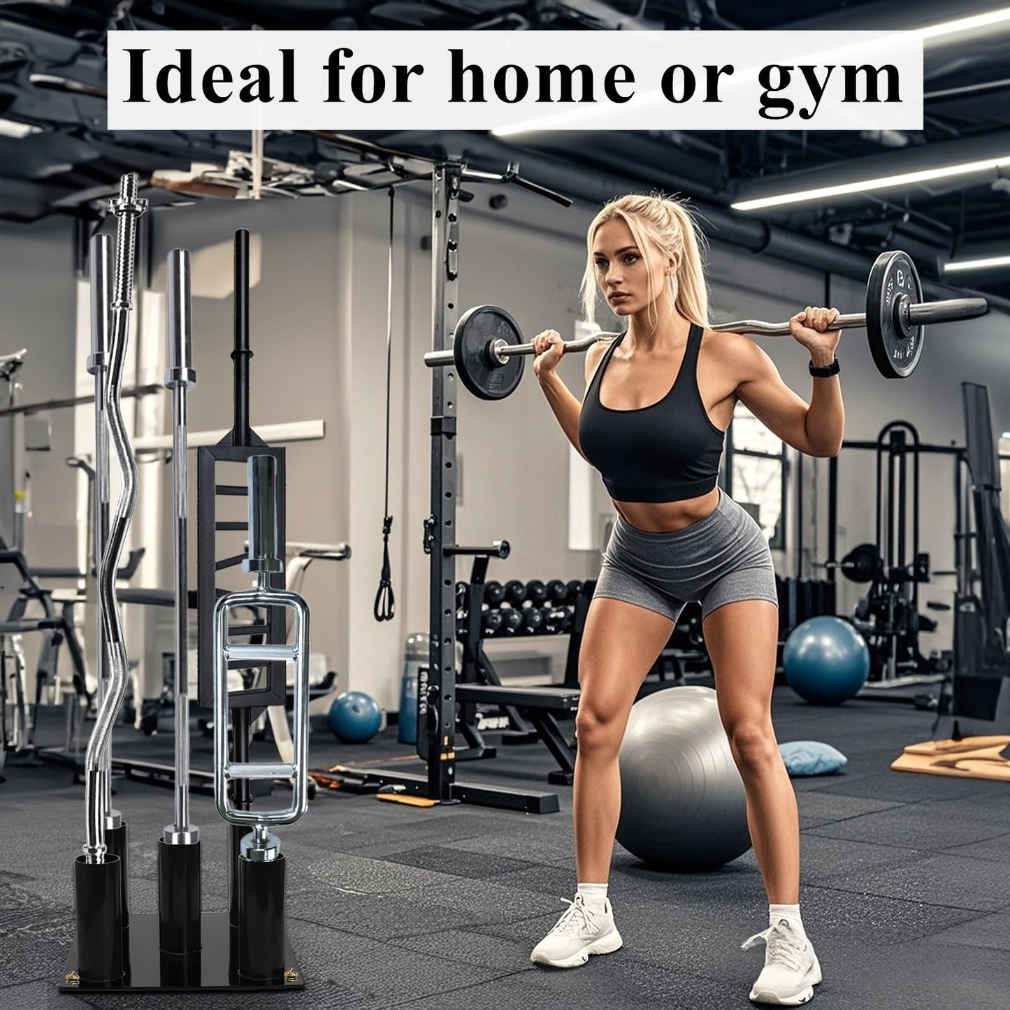 Tebery Barbell Floor Stand Holder, 5 Barbells Vertical Corner Storage Rack, Heavy Duty Home Gym Weight Organizer for Bars, Hex, Trap, Curl, Triceps Bars