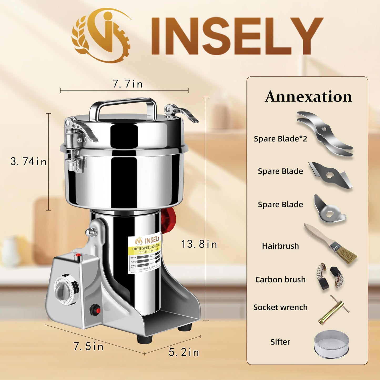 INSELY 1000g Grain Mill Grinder High Speed Food Grain Mill Stainless Steel Seeds Flour Wheat Nut Spices Corn Pill Herbs & Seasonings Dry Grinder Electric Machine Grinder for Kitchen