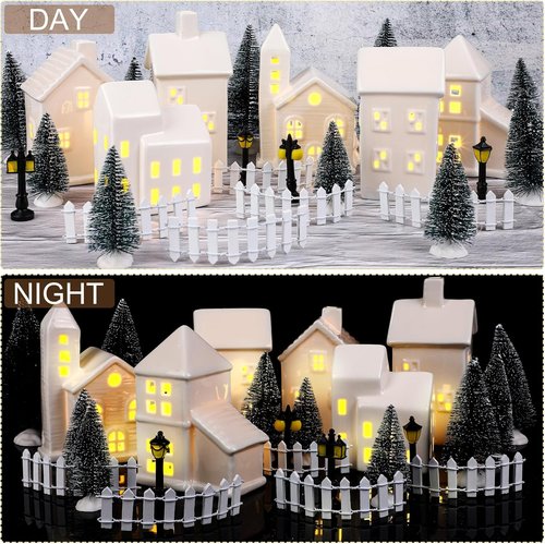Fovths LED Lighted Ceramic Winter Village Figurines - 39-Piece Holiday Desktop Ornament Set