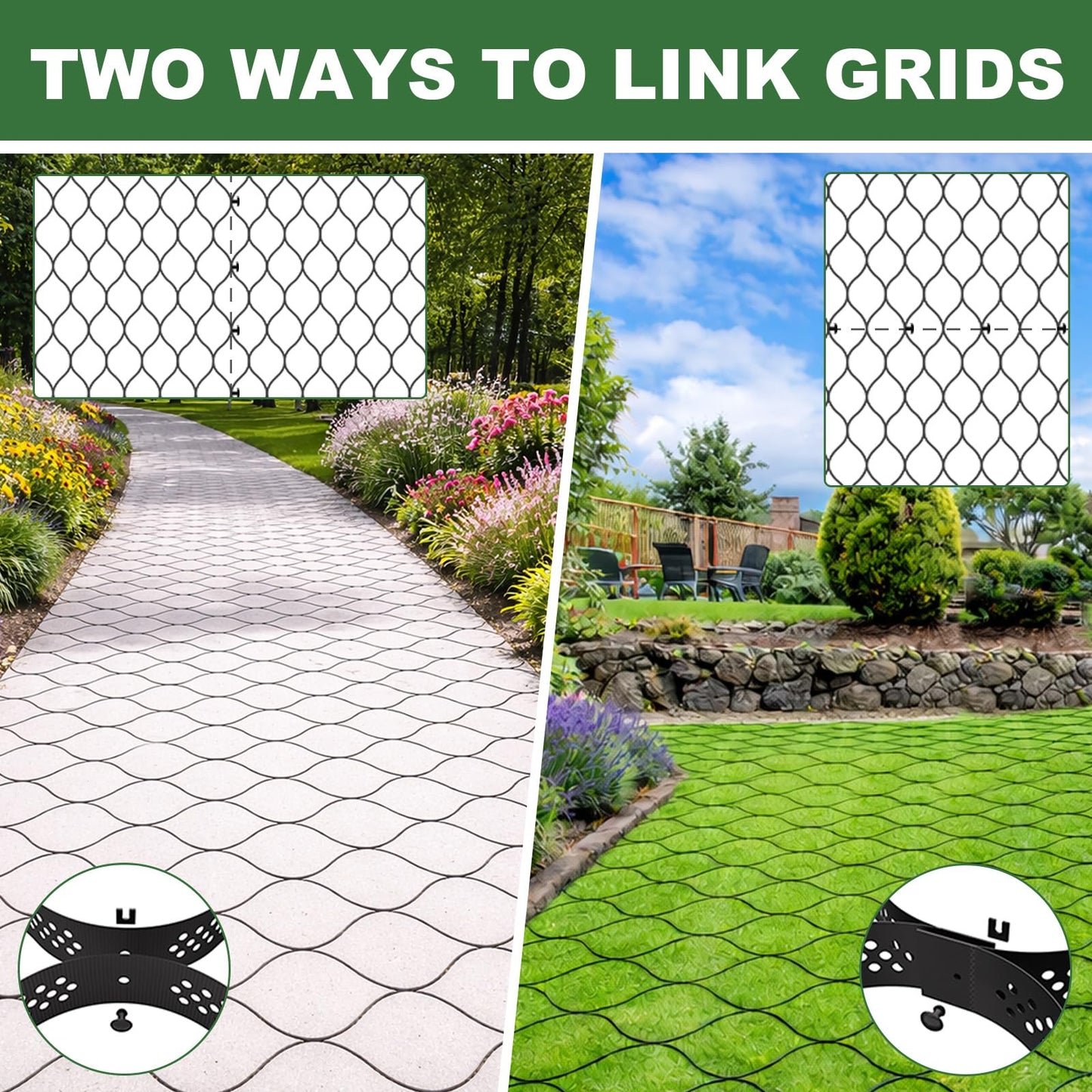 Gravel Grid 3'' Depth with Metal Stakes, 6.6x16.4 FT Geogrid for Gravel Driveway 2200 lbs per Sq FT Erosion Control Ground Grid Gravel Stabilizer Grid for Driveway, Parking Lot, Slope, Walkway, Patio