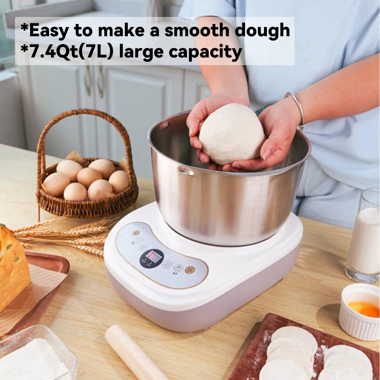 Dough Mixer 7L Large Capacity Electric Dough Maker with Ferment Function for Baking Bread Dough&Pizza Dough - Dough whisk 304 Stainless Steel Blender Add water/seasoning with Top Small Window