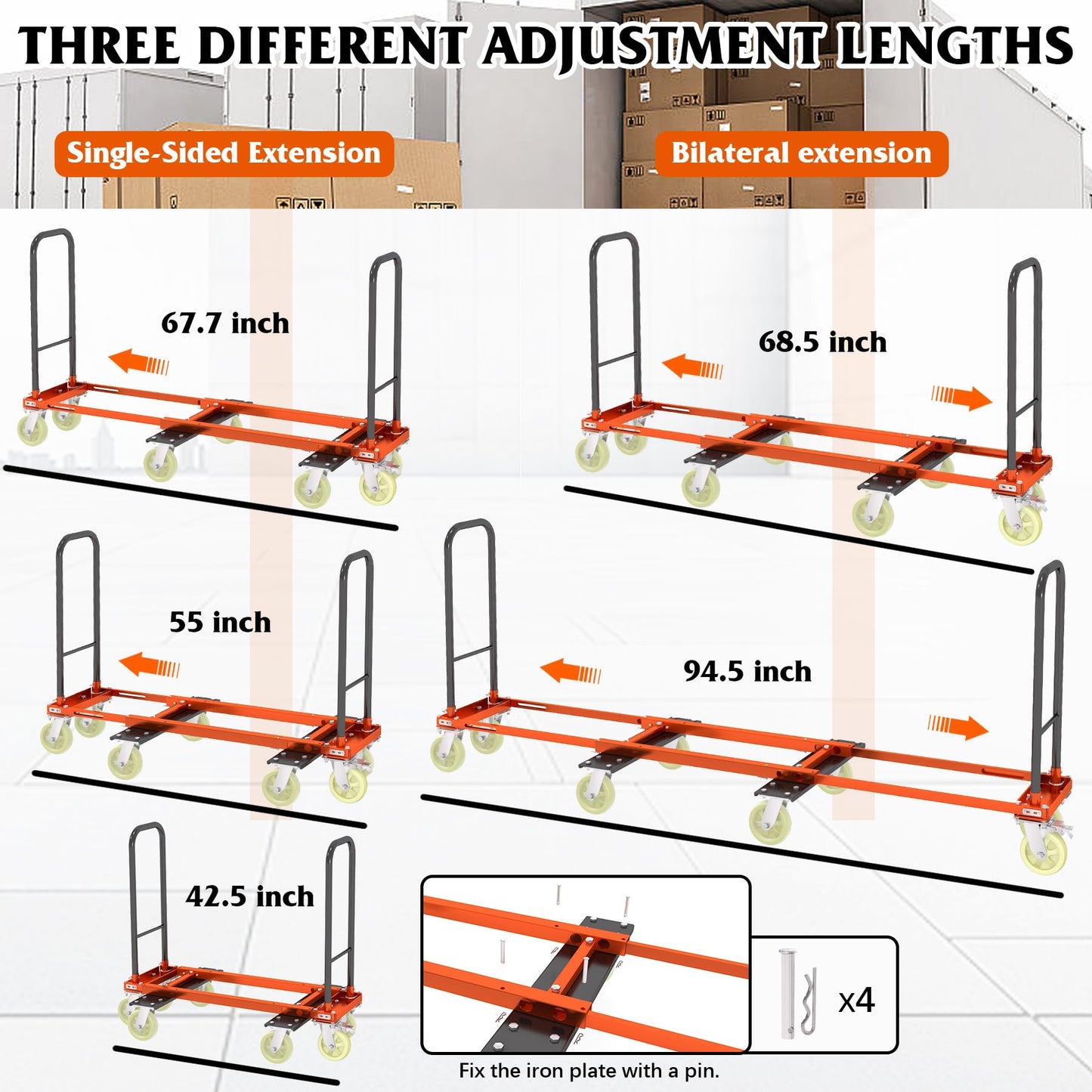 Heavy Duty Furniture Moving Dolly Cart, 1322 LBS High Capacity 8-Wheel Extendable Hand Truck, 42.5-94.5 Inch Adjustable Industrial Platform Cart with 6M Strap for Warehouse Large Appliance Bulk Goods