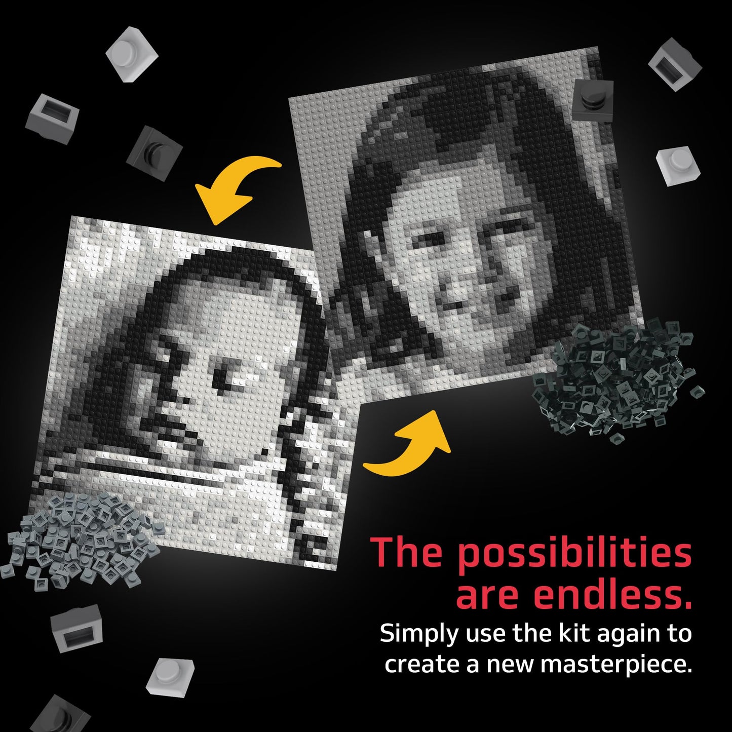 BRICK ME Pix-a-Pic Mosaic Kit, 4900 Bricks (15.1″ × 15.1″) | DIY Pixel Photo Mosaic with Shades of Gray, Black & White | Includes 4 Baseplates, Connector & Brick Separator