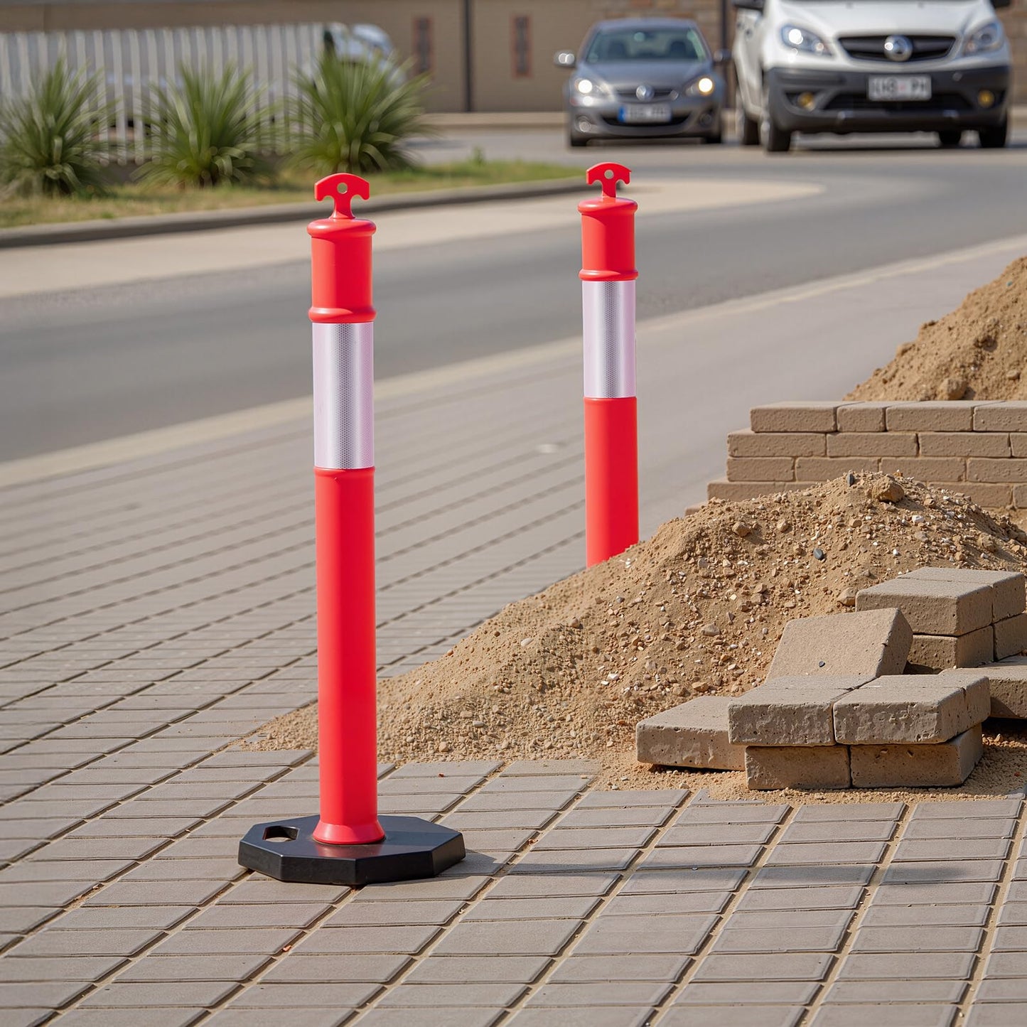 VEVOR 6 Pack Traffic Delineator Posts, 45 inches Traffic Safety Cones with Weighted Base and Reflective Strips, Heavy Duty Delineator Posts for Construction Site, Parking Lot, Crowd Control, Red