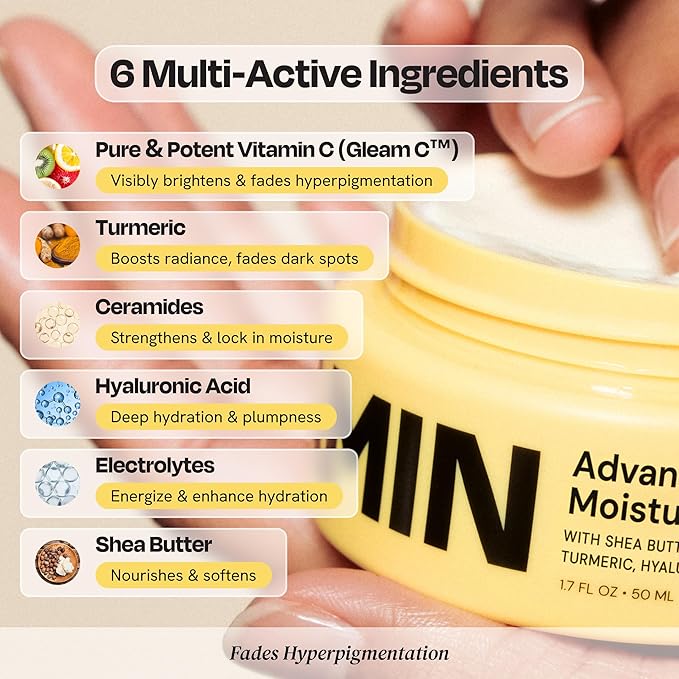 Gleamin Advanced Brightening Face Moisturizer - Face Cream for Women & Men with Vitamin C, Ceramides, Turmeric & Hyaluronic Acid - Faded Cream for Dark Spots, Uneven Skin Tone & Hydration - 1.7 fl oz