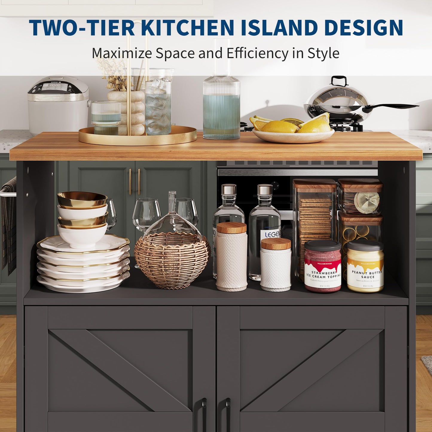 GarveeLife Rolling Kitchen Island with Storage Cabinet, 40.4'' Width Kitchen Cart, Portable Mobile Kitchen Island with Towel Rack, Wood Top and Lockable Wheels for Kitchen, Dining Room