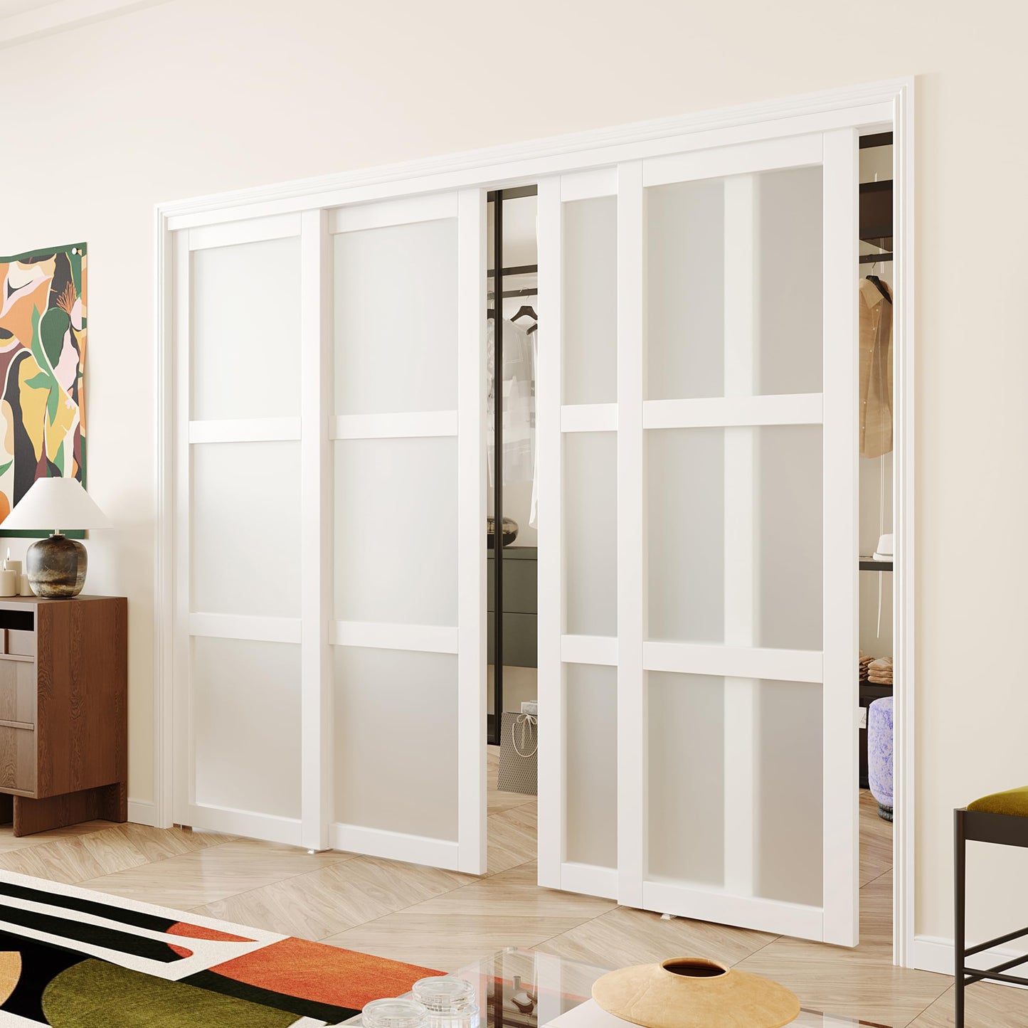 ARKHJEM Double Sliding Closet Door, 96" × 80"(Double 48" × 80"), Double Frosted 3 Panel Glass Sliding Door, Hardware Include, Pre-Drilled Panel Need to Assemble, MDF, White