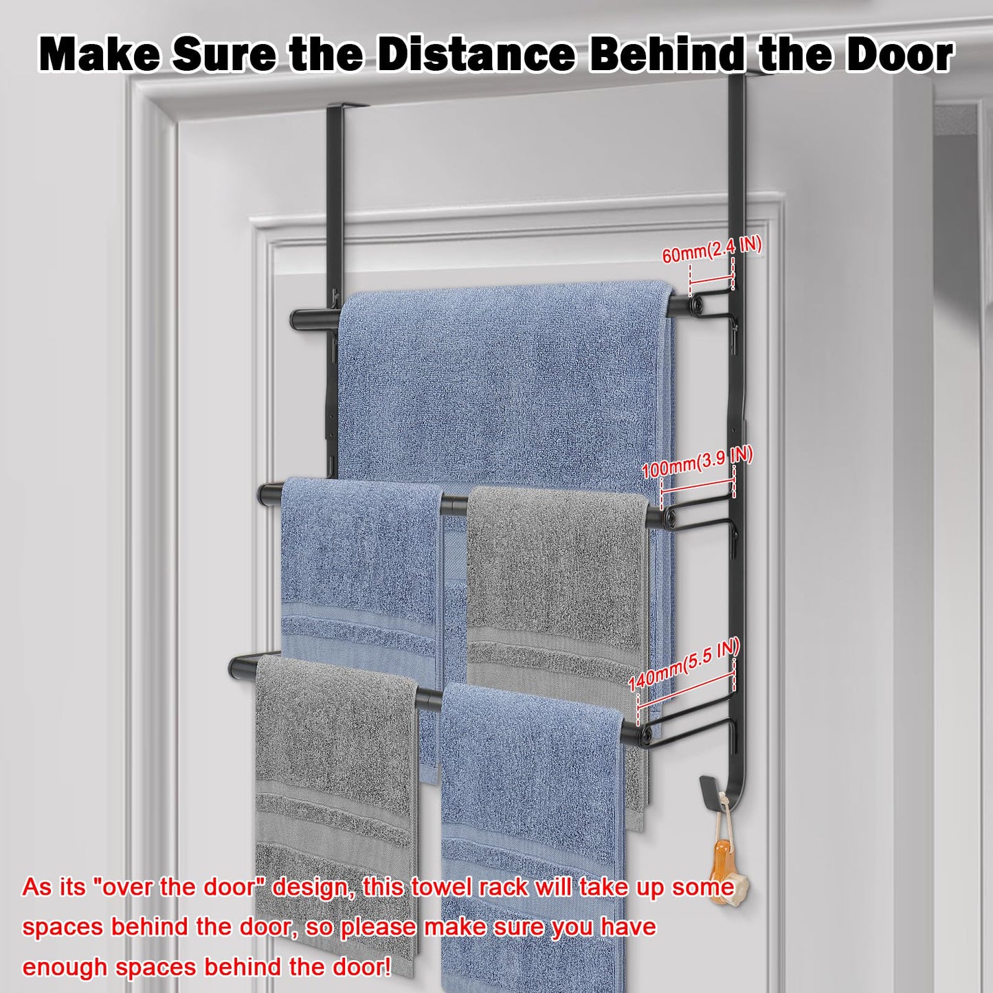Livabber 3-Tier Over The Door Towel Rack, All Metal Towel Rack with Hooks for Door Hanging, Behind Door Towel Bar Towel Storage Holder for Bathroom Accessories, Black (19.37" L x 5.9" W x 24.4" H)