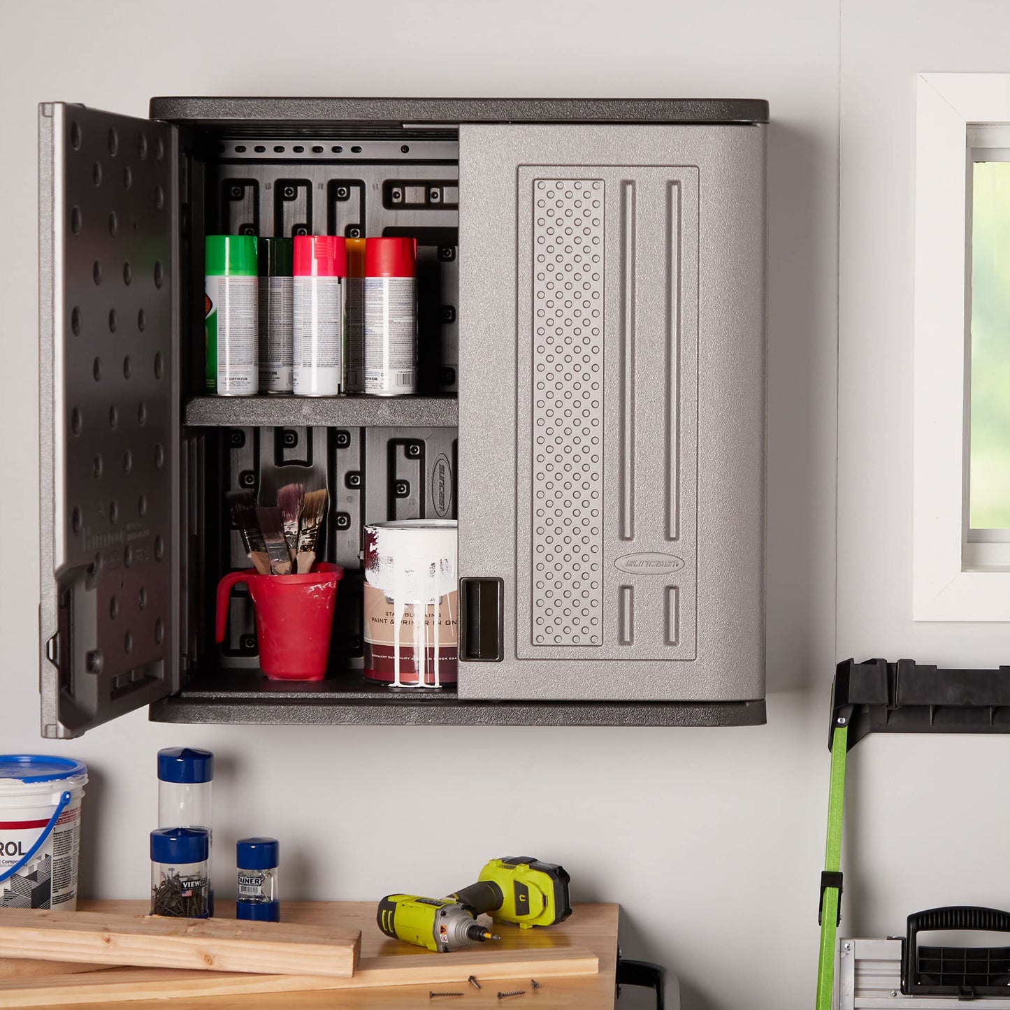Suncast Wall Storage Cabinet for Garage Organization - 4 Cu. Ft. Wall Mounted Garage Cabinet with Shelf for Garden Supplies, Paint Cans & Outdoor Tools, Multi-Wall Resin Construction, Platinum