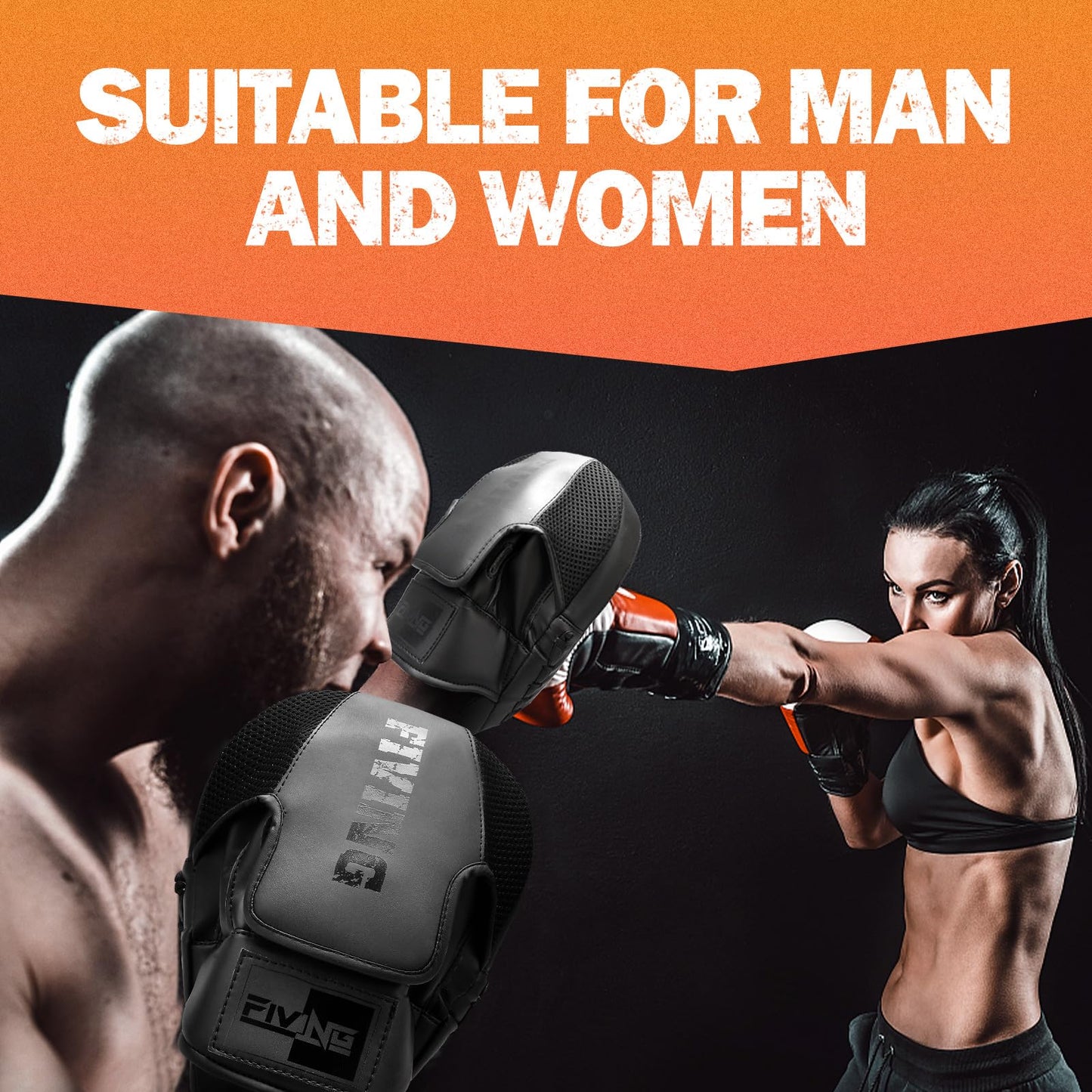 Boxing Pads for Men, Women, & Kids, Leather Focus Mitts for Martial Arts, Boxing Training, Curved Punch Mitts for Karate, Kickboxing,Muay Thai, Taekwondo Black/Black