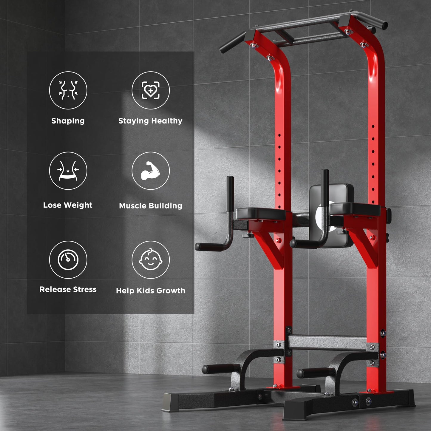 DlandHome Power Tower Pull Up Bar Station, Heavy Duty Adjustable Height for Home Gym Strength Training Equipment 330LBS Weight Capacity, Pull Up Dip Station, Red