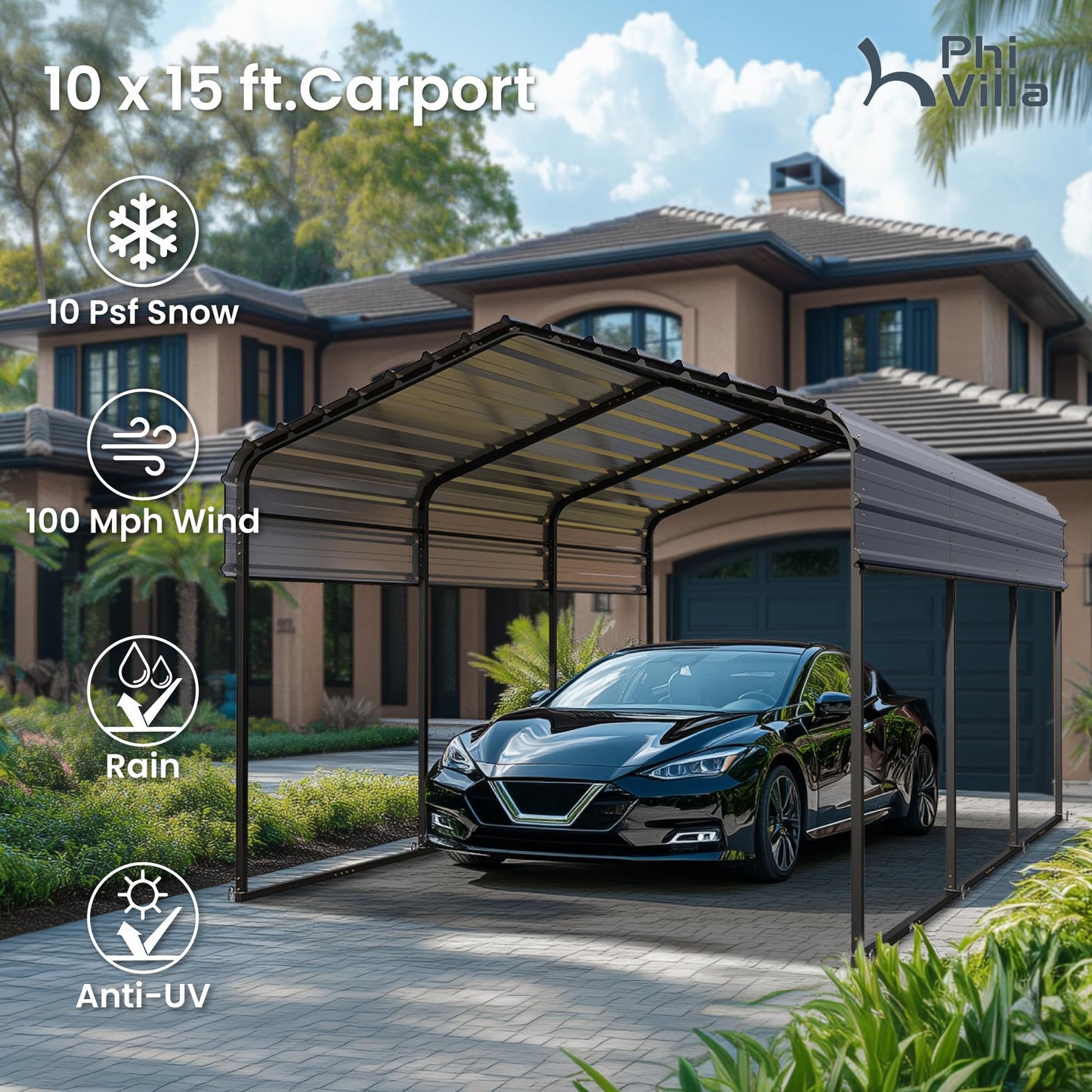 PHI VILLA 10x15 ft Carport, Metal Carports Canopy with Sidewalls Heavy Duty Car Port Portable Garage with Galvanized Steel Roof Multi-Use Shelter, Sturdy Car Ports for Cars, Boats and Tractors